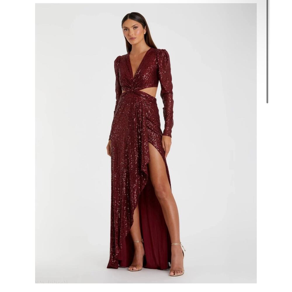 Mac Duggal Sequined Criss Cross Long Sleeve Gown 26739 wine red